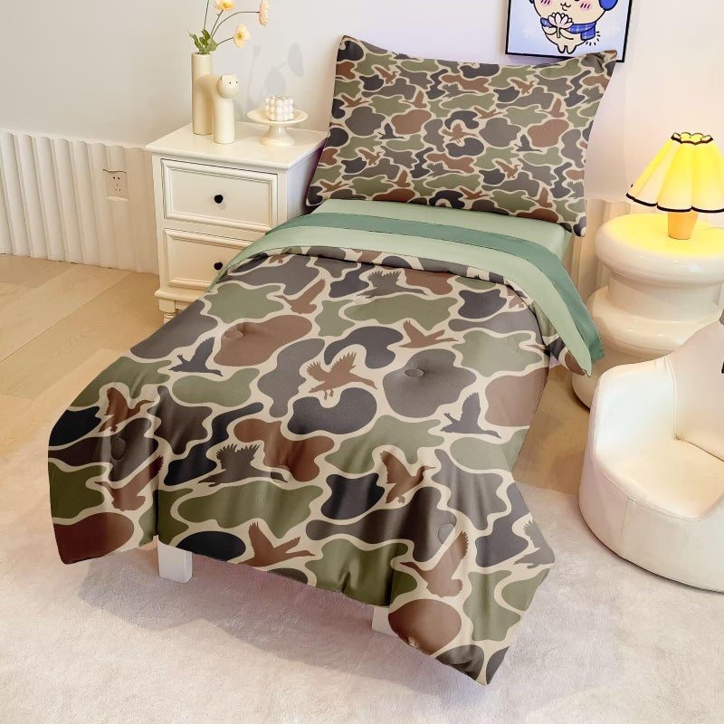 CKOU CCOO 4 Pieces Toddler Duck Camo Bedding Set for Boys,Hunting Camouflage Toddler Comforter Set for Kids Bed in a Bag Includes Comforter, Flat Sheet, Fitted Sheet and Pillowcase - Image 4