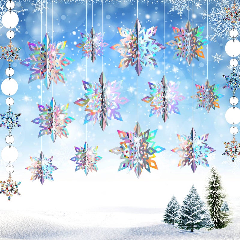 JULMELON 15Pcs Frozen 3D Hanging Snowflakes Decorations Holographic Snowflakes Garland Silver Snowflakes for Winter Wonderland Decorations Frozen Birthday Party Supplies