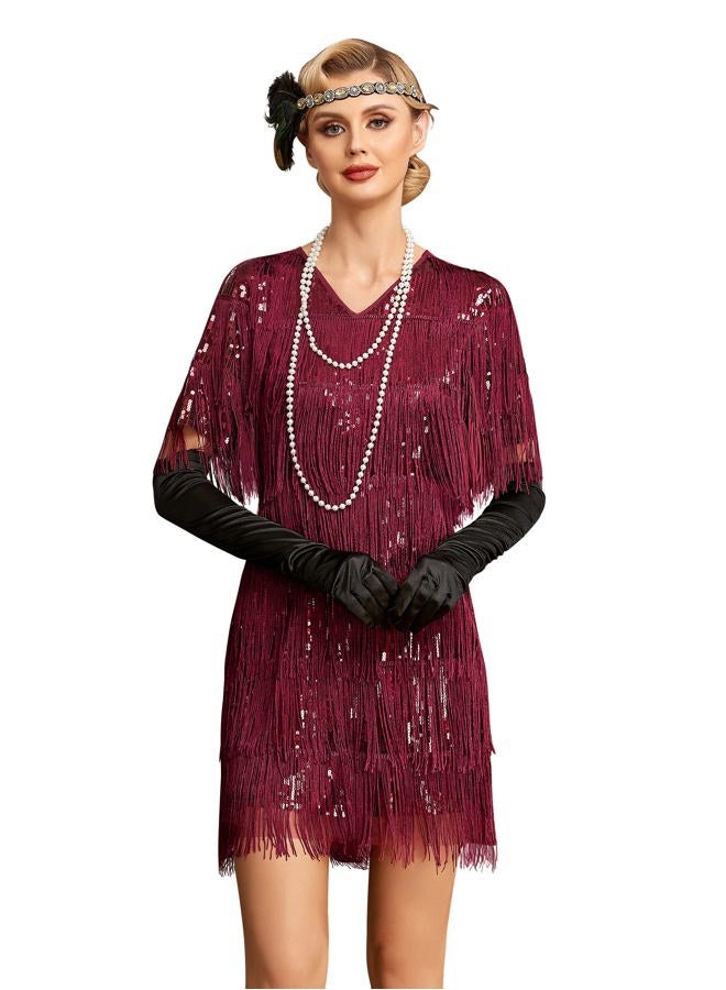 PrettyGuide Women's Flapper Dresses with Sleeves Tiered Long Fringed Sequin 1920s Great Gatsby Cocktail Dress Costume, Burgundy, 6 - Image 1