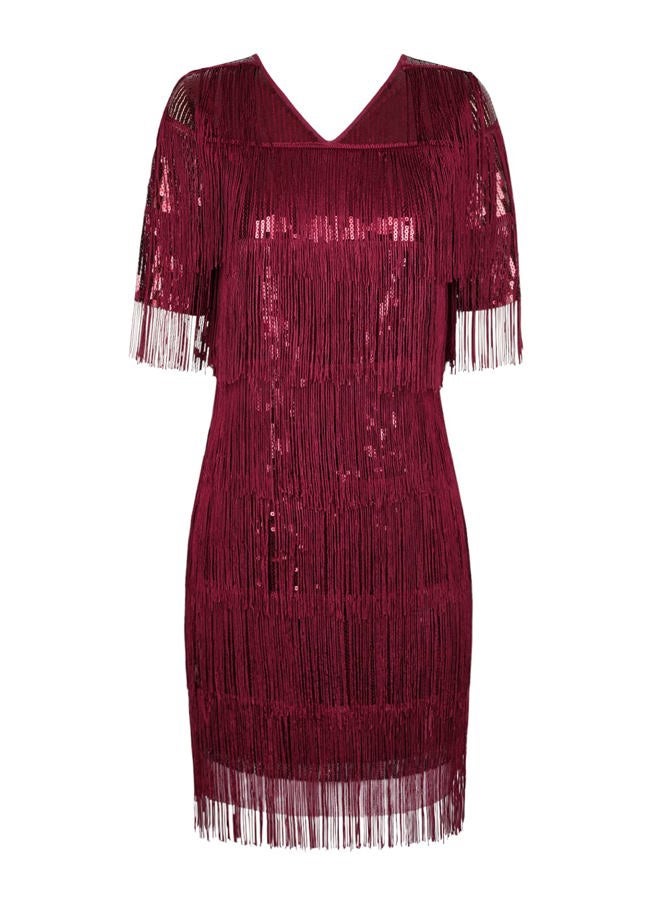 PrettyGuide Women's Flapper Dresses with Sleeves Tiered Long Fringed Sequin 1920s Great Gatsby Cocktail Dress Costume, Burgundy, 6 - Image 5
