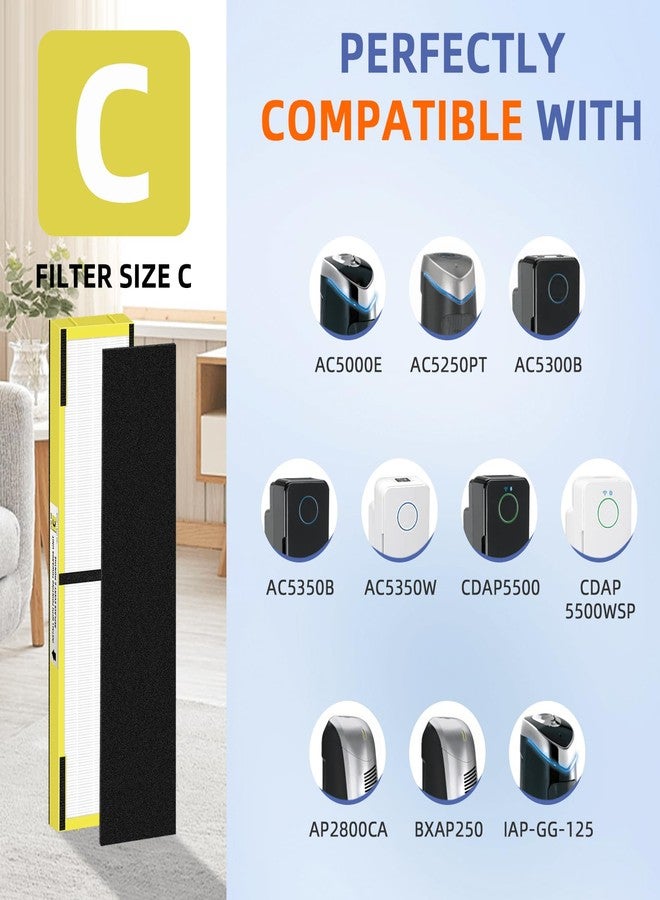 Pulluty FLT5000 Replacement Filter C for Germ-Guardian Air Purifier AC5000 AC5000E AC5250PT AC5350B AC5350BCA AC5350W AC5300B,2 True H13 HEPA Filters+8 Activated Carbon Pre-Filters - Image 4