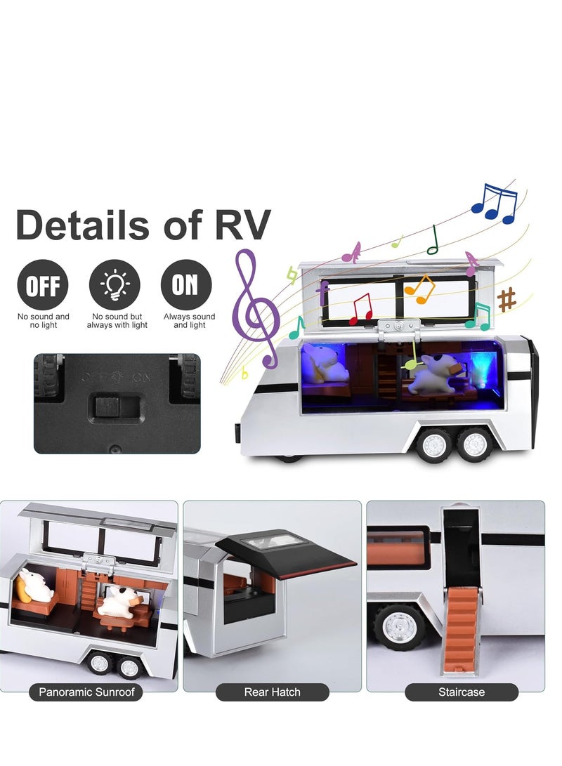 Arabest 3-in-1 Tesla Pickup Sets with RV and Motorcycle，Cyber Truck Pickup Toy with Sounds and Lights, 1/32 Diecast Truck for Kids 3 Year Old and Up, Christmas Birthday Gifts for Boys Girls (Silver) - Image 2