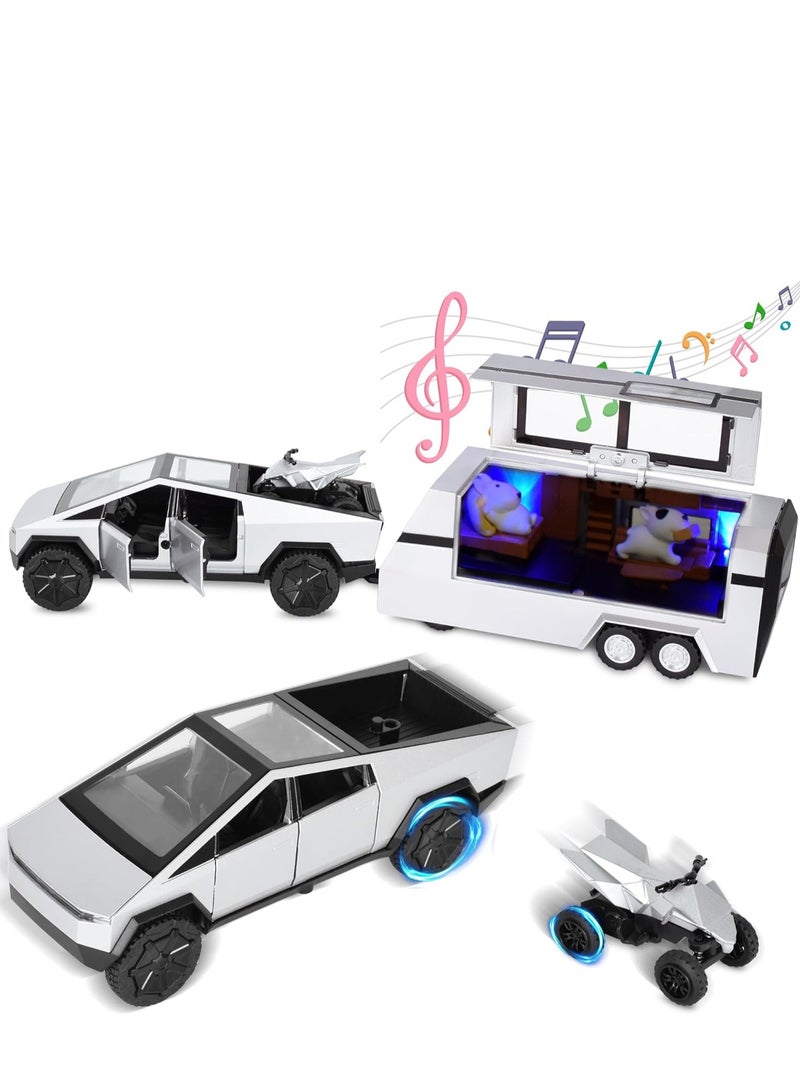 Arabest 3-in-1 Tesla Pickup Sets with RV and Motorcycle，Cyber Truck Pickup Toy with Sounds and Lights, 1/32 Diecast Truck for Kids 3 Year Old and Up, Christmas Birthday Gifts for Boys Girls (Silver) - Image 3