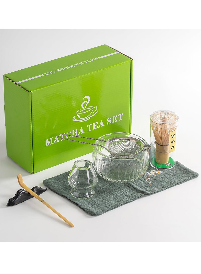 Uwals 7pcs Matcha Green Tea Whisk Set Matcha Bowl with Pouring, Spout Bamboo, Matcha Whisk, Scoop, Matcha Whisk Holder, Tea Making Kit. WHITE GLASS - Image 1