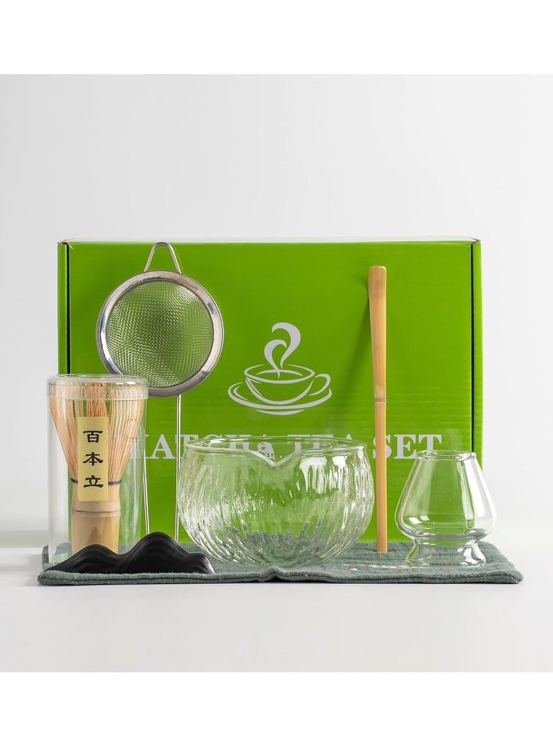 Uwals 7pcs Matcha Green Tea Whisk Set Matcha Bowl with Pouring, Spout Bamboo, Matcha Whisk, Scoop, Matcha Whisk Holder, Tea Making Kit. WHITE GLASS - Image 2