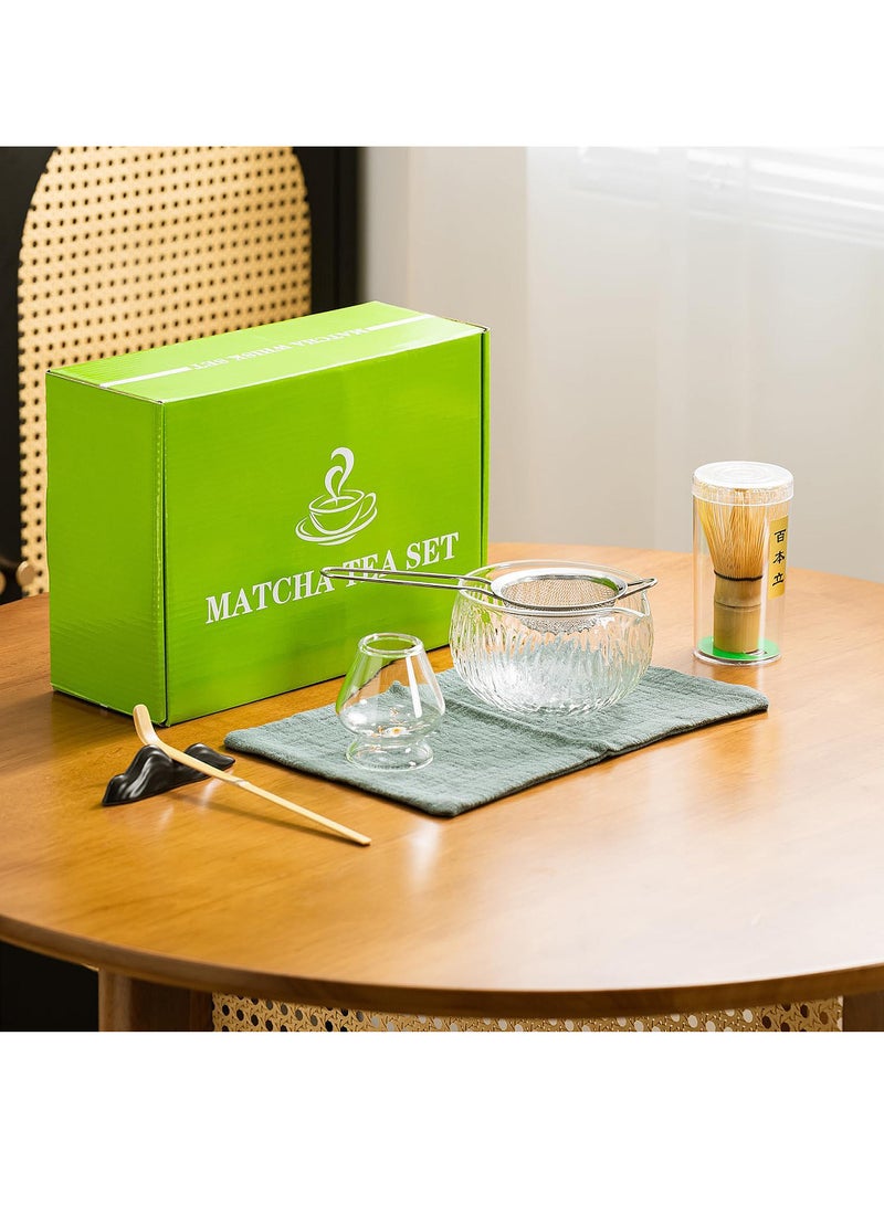 Uwals 7pcs Matcha Green Tea Whisk Set Matcha Bowl with Pouring, Spout Bamboo, Matcha Whisk, Scoop, Matcha Whisk Holder, Tea Making Kit. WHITE GLASS - Image 4