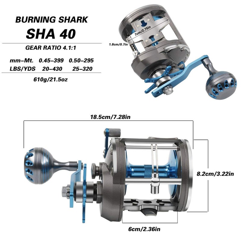 Burning Shark Trolling Reel Saltwater Level Wind Reels, Drag Reels Boat Fishing Ocean Fishing for Sea Bass Grouper Salmon-SHA40 - Image 4