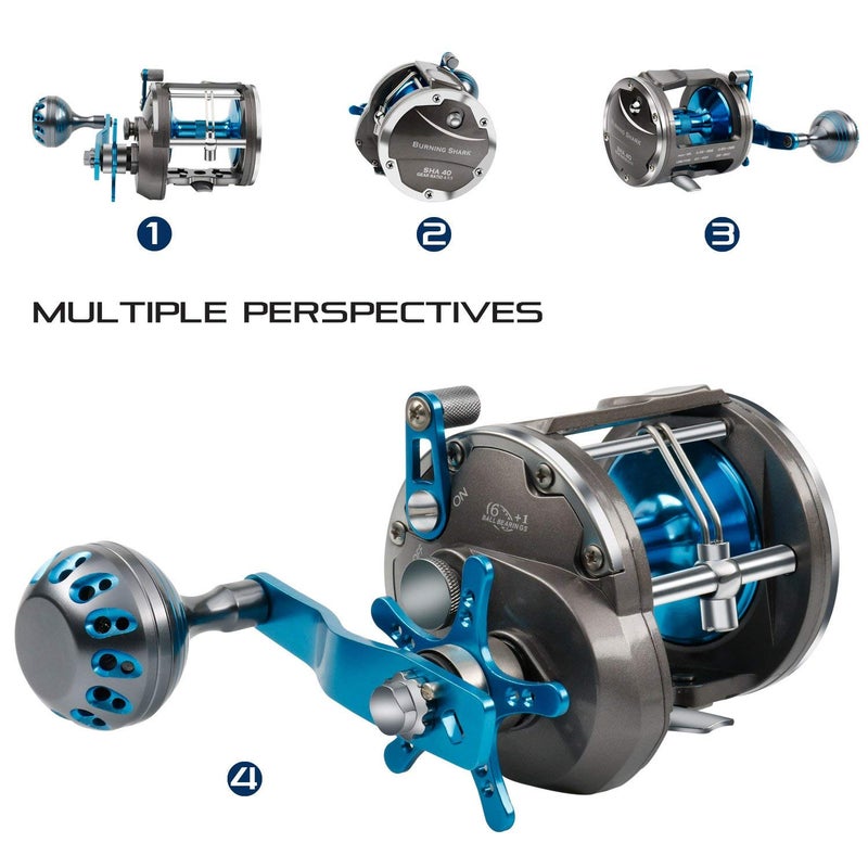 Burning Shark Trolling Reel Saltwater Level Wind Reels, Drag Reels Boat Fishing Ocean Fishing for Sea Bass Grouper Salmon-SHA40 - Image 2