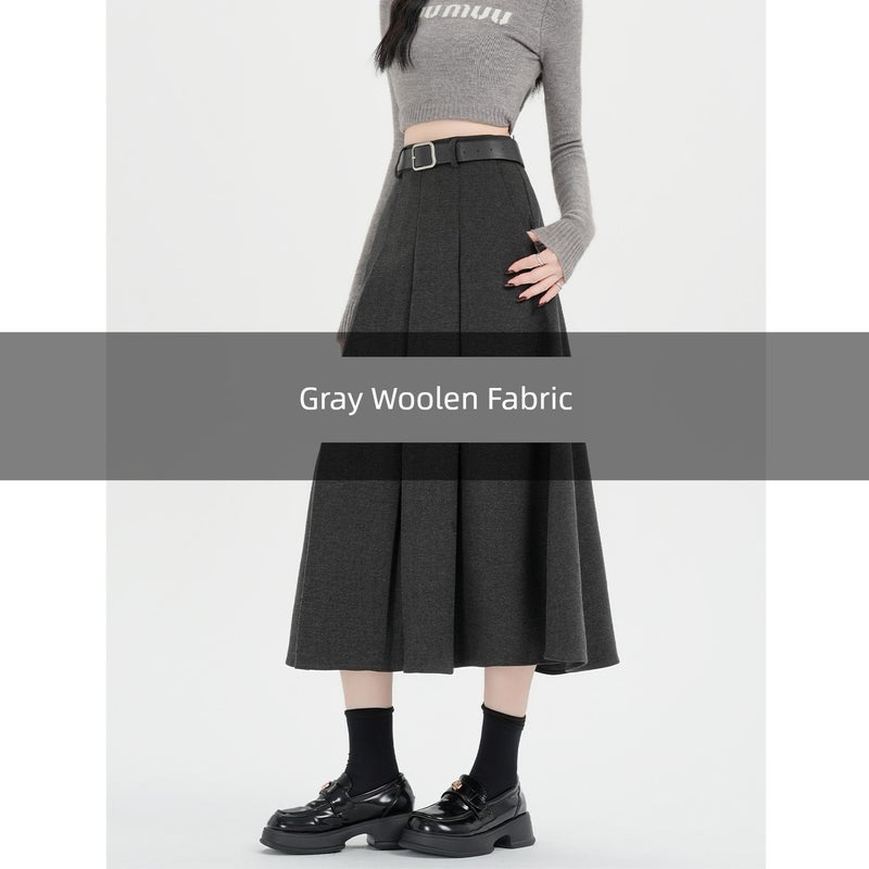 High-end gray woolen pleated skirt for women's autumn and winter thick high-waisted suit skirt mid-length A-line umbrella skirt long skirt - Image 3