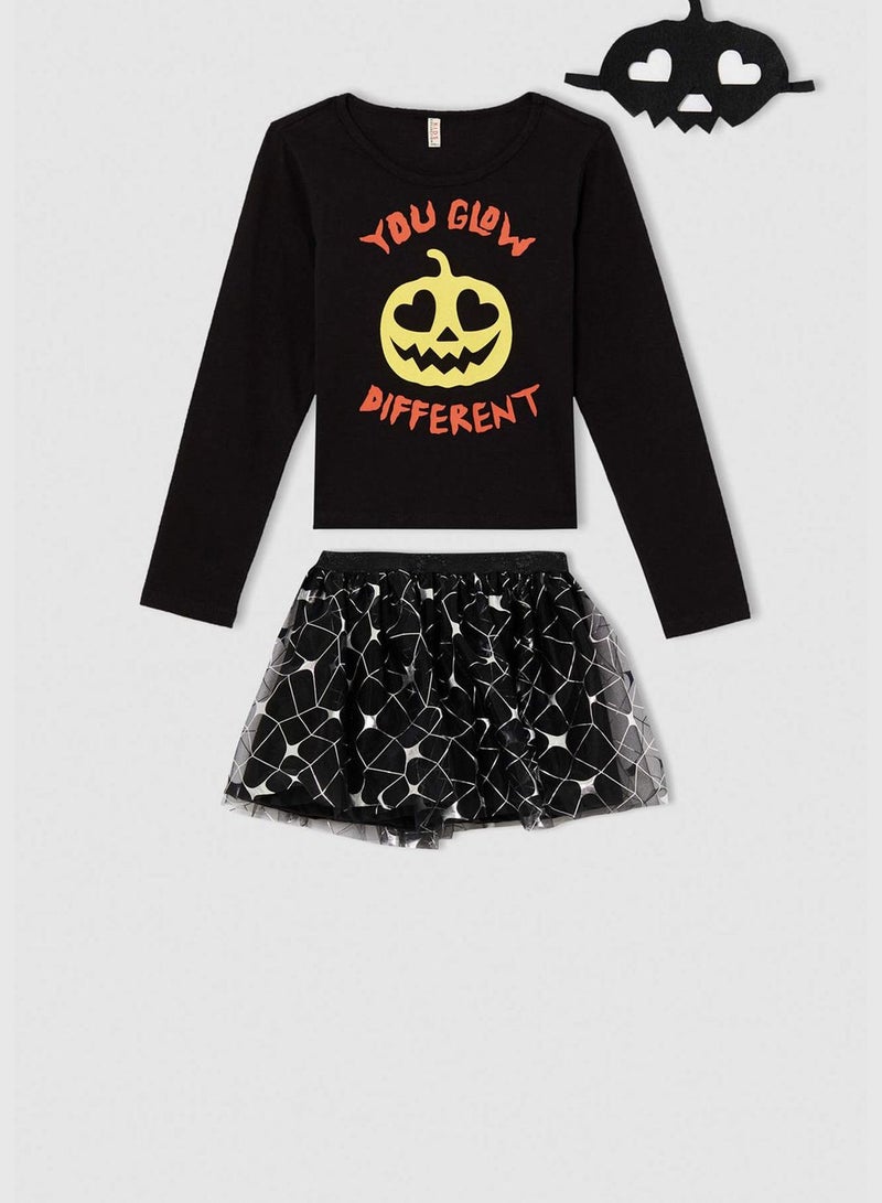 DeFacto Halloween Print Long Sleeve T-shirt & Skirt & Mask Set - Image 1