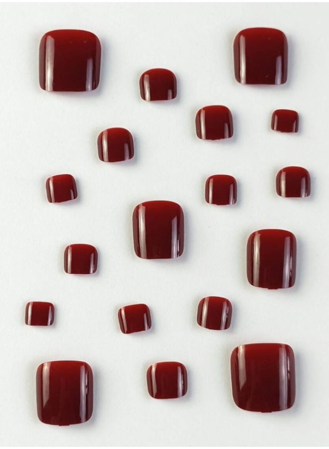 KHAJUL 24Pcs Glue Toenails,Solid Color Dark Red Press on Toenails for Women, Glossy Fake Toenail Press ons Short Square Acrylic Press on Toe Nails, Reusable Wine Red Toenails Glue on Natural Seamless Fit - Image 2