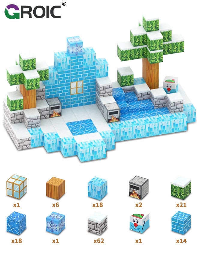 GROIC 144 Pcs Magnetic Building Blocks, Magnetic Blocks Build Ice Castle, Kids Magnetic Cubes Tiles Montessori Sensory Travel Magnet Toys Games STEM Sensory Toys Birthday Party Toddler Gifts - Image 1