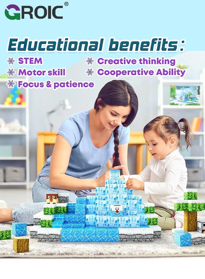 GROIC 144 Pcs Magnetic Building Blocks, Magnetic Blocks Build Ice Castle, Kids Magnetic Cubes Tiles Montessori Sensory Travel Magnet Toys Games STEM Sensory Toys Birthday Party Toddler Gifts - Image 2