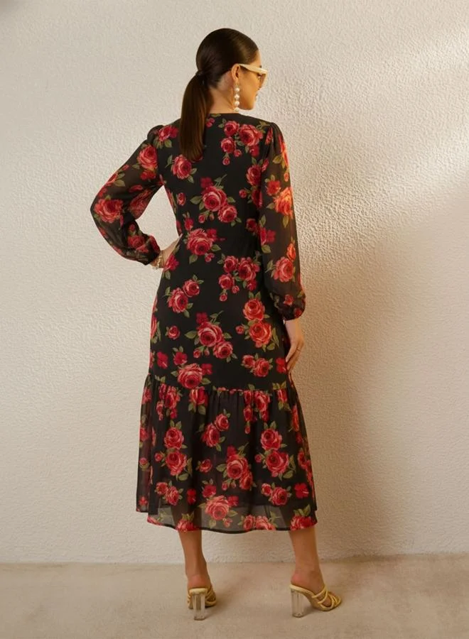 Sassafras black with red roses Black Floral Print Balloon Sleeve Midi Dress for Women | Best Price UAE