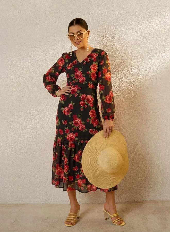 SASSAFRAS Black Floral Print Balloon Sleeve Midi Dress