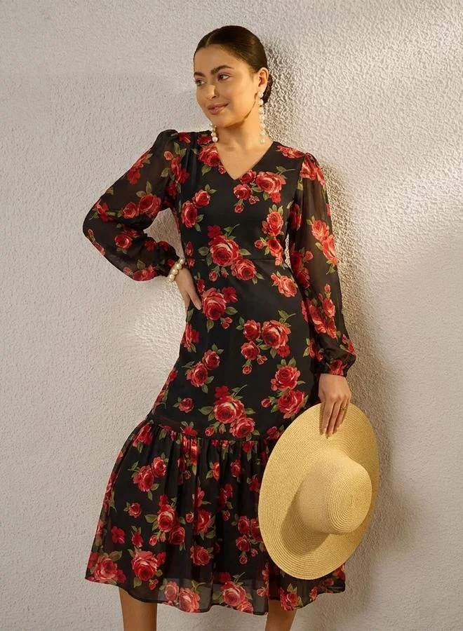 SASSAFRAS Black Floral Print Balloon Sleeve Midi Dress