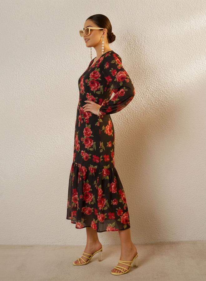 SASSAFRAS Black Floral Print Balloon Sleeve Midi Dress - Image 3