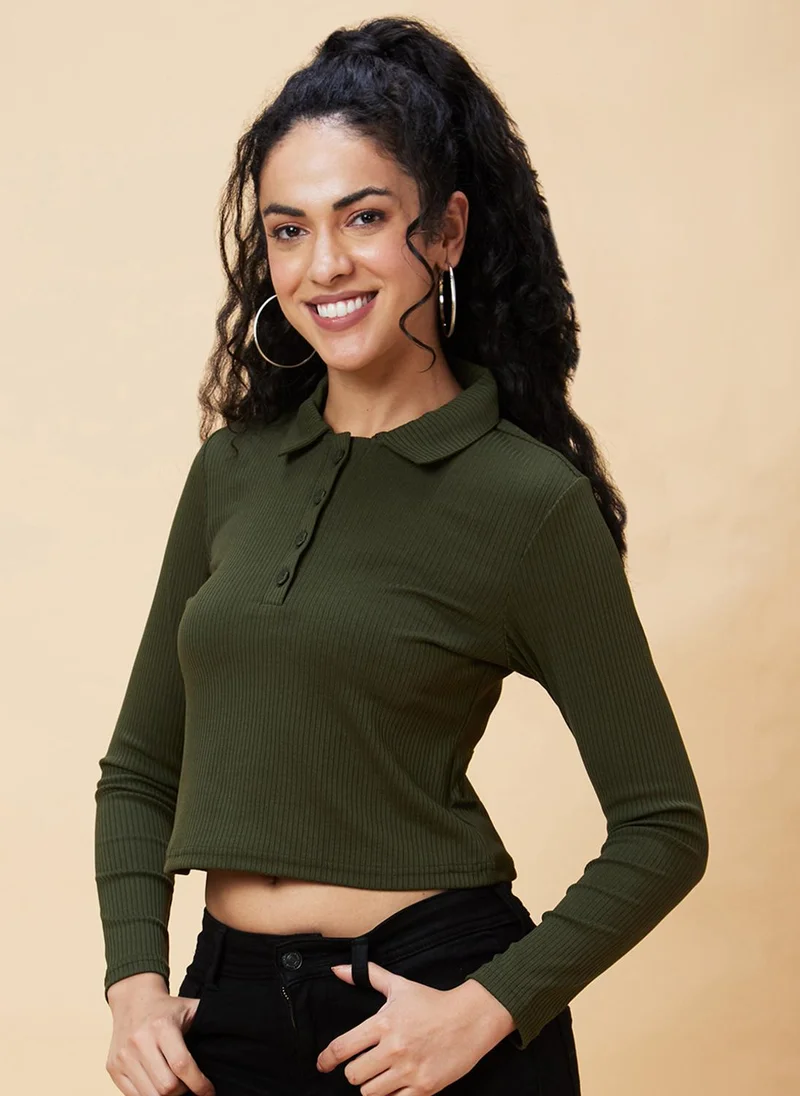 globus Globus Women Olive Green Shirt Collar Crop Top