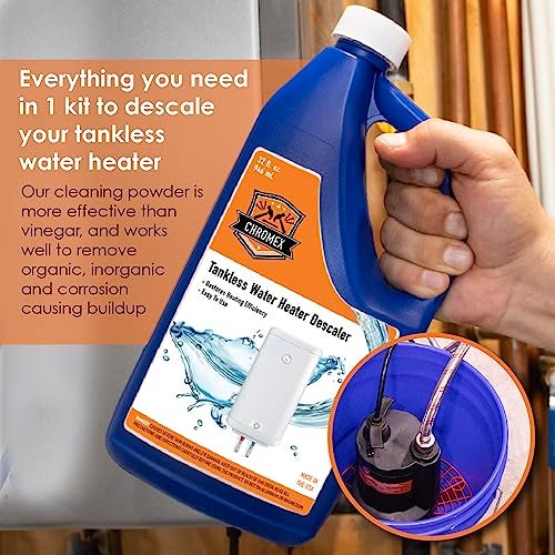 Chromex Tankless Water Heater Flush Kit with Certified Liquid Descaling Solution and Right Angle Inlet Hoses & 1/6HP Extra Strength Pump - Image 2