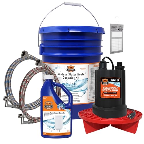 Chromex Tankless Water Heater Flush Kit with Certified Liquid Descaling Solution and Right Angle Inlet Hoses & 1/6HP Extra Strength Pump - Image 1