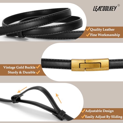 LEACOOLKEY 2 Pack Women Skinny Leather Belts Ladies Vintage Gold Buckle Thin Waist Belts for Dresses Black+Brown - Image 3