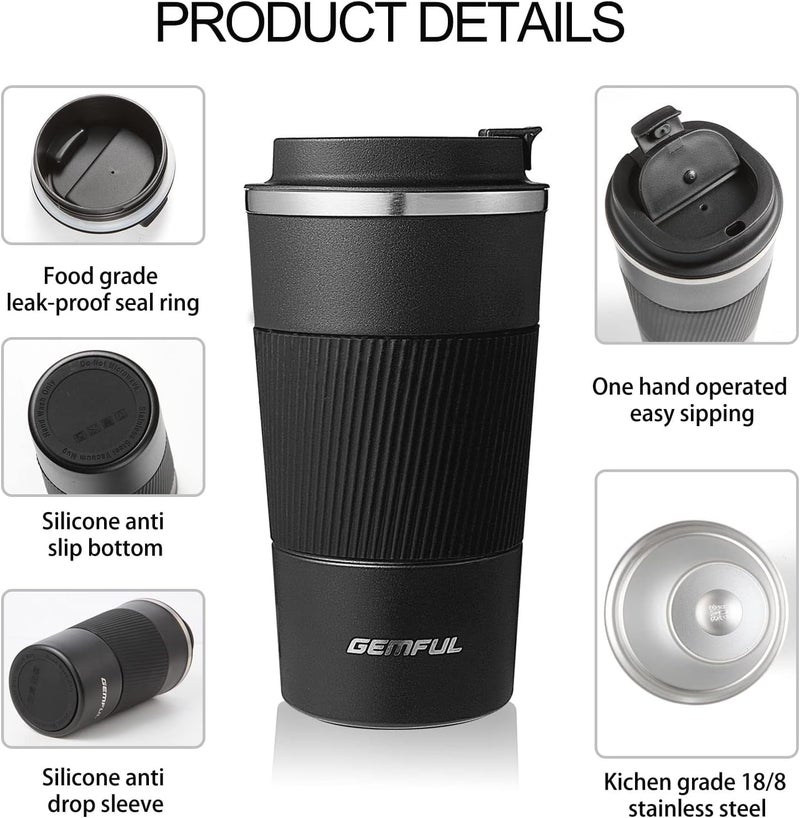 GEMFUL 17oz Travel Coffee Mug To Go with Lid Stainless Steel Insulated Cups Reusable Tumbler Leak Proof Coffee Lovers Gift for Hot Cold Drinks Women Men Office Car (Black) - Image 4