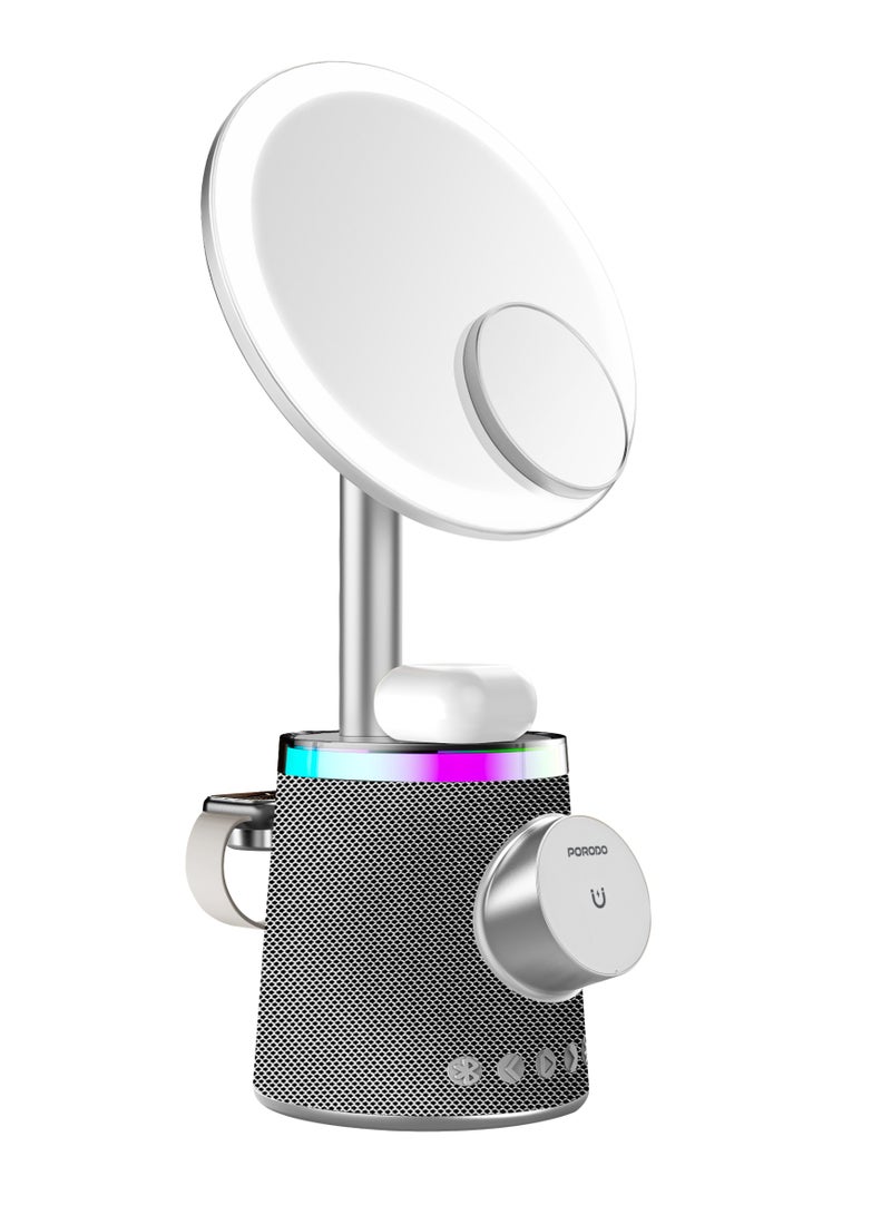 بورودو مرآة مكياج مع شاحن لاسلكي ومكبر صوت مع إضاءة RGB / 3 مستويات سطوع / زر التحكم / استخدام متعدد الأجهزة / تصميم مريح / 10 مستويات إضاءة RGB / 3 درجات لونية - فضي - Image 1