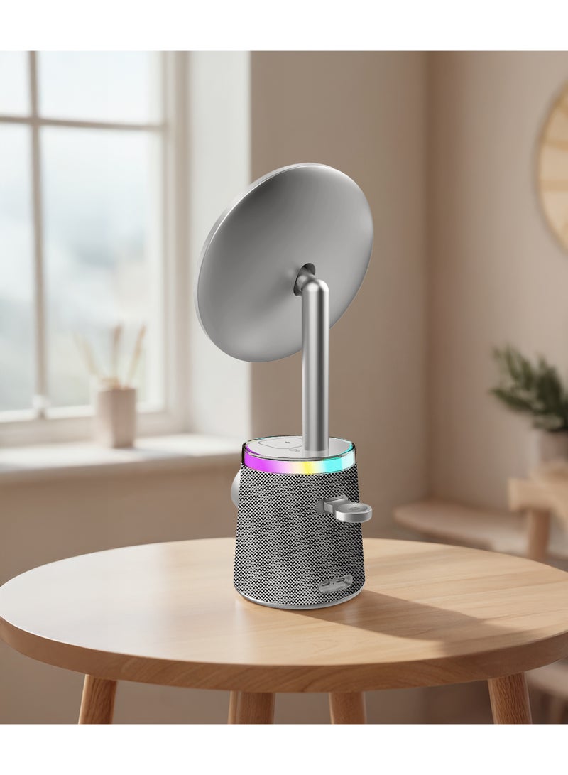 بورودو مرآة مكياج مع شاحن لاسلكي ومكبر صوت مع إضاءة RGB / 3 مستويات سطوع / زر التحكم / استخدام متعدد الأجهزة / تصميم مريح / 10 مستويات إضاءة RGB / 3 درجات لونية - فضي - Image 3