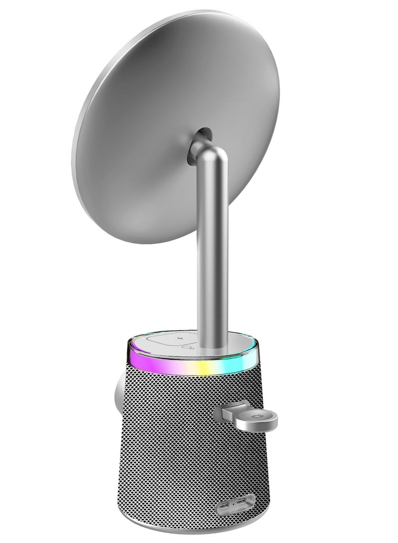 بورودو مرآة مكياج مع شاحن لاسلكي ومكبر صوت مع إضاءة RGB / 3 مستويات سطوع / زر التحكم / استخدام متعدد الأجهزة / تصميم مريح / 10 مستويات إضاءة RGB / 3 درجات لونية - فضي - Image 4