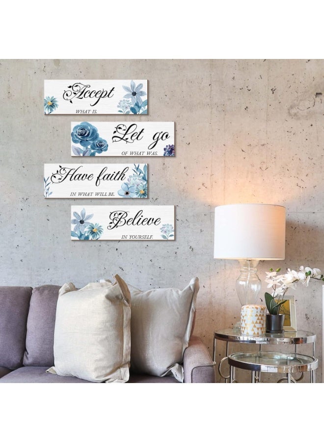kunshao 4 Pieces Blue Flower Wall Decor - Inspirational Wooden Wall Art with Motivational Phrases (Accept, Let Go, Have Faith, Believe) - Rustic Farmhouse Home Decor for Bedroom, Living Room, Bathroom - 12 x 4 Inch - Image 4