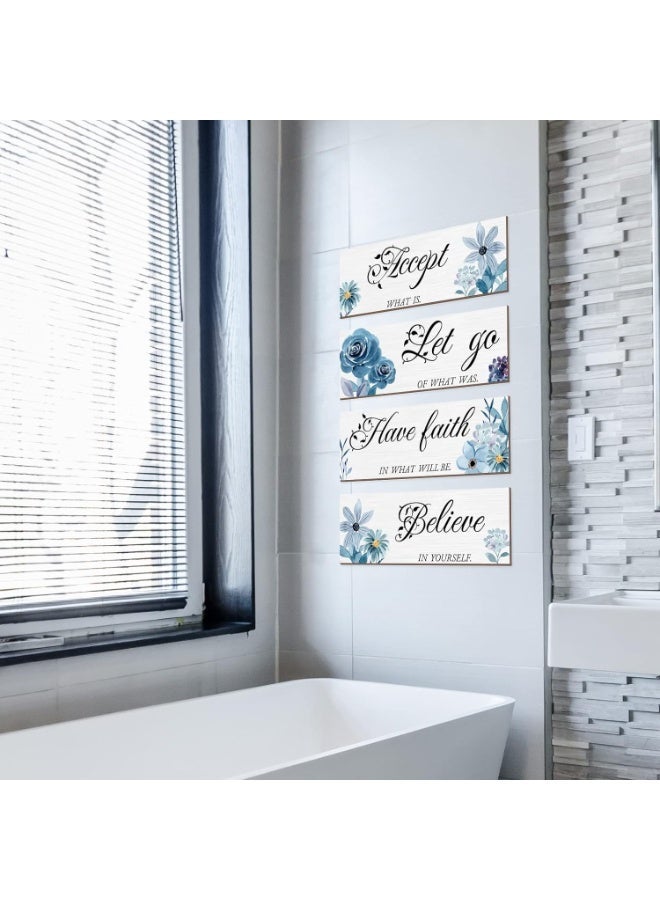 kunshao 4 Pieces Blue Flower Wall Decor - Inspirational Wooden Wall Art with Motivational Phrases (Accept, Let Go, Have Faith, Believe) - Rustic Farmhouse Home Decor for Bedroom, Living Room, Bathroom - 12 x 4 Inch - Image 2