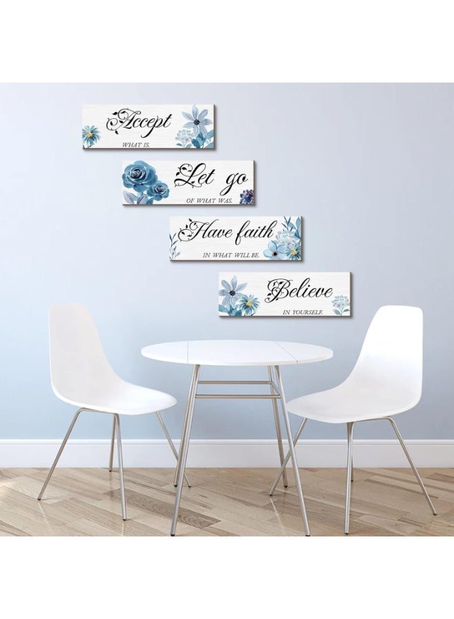 kunshao 4 Pieces Blue Flower Wall Decor - Inspirational Wooden Wall Art with Motivational Phrases (Accept, Let Go, Have Faith, Believe) - Rustic Farmhouse Home Decor for Bedroom, Living Room, Bathroom - 12 x 4 Inch - Image 5