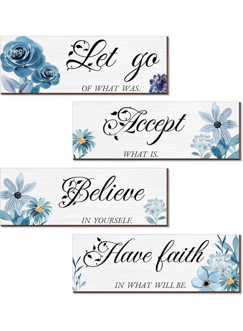 kunshao 4 Pieces Blue Flower Wall Decor - Inspirational Wooden Wall Art with Motivational Phrases (Accept, Let Go, Have Faith, Believe) - Rustic Farmhouse Home Decor for Bedroom, Living Room, Bathroom - 12 x 4 Inch - Image 1
