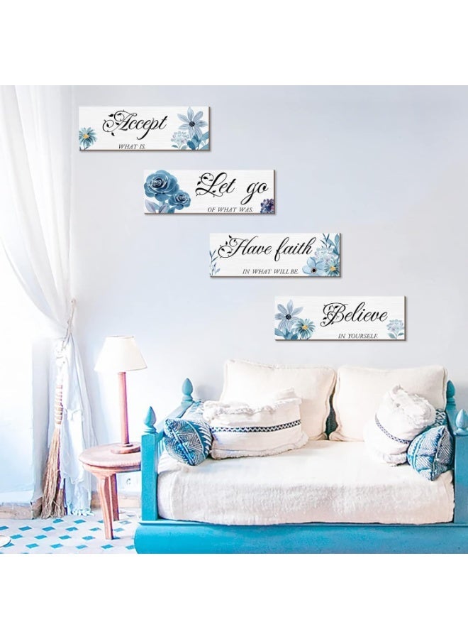 kunshao 4 Pieces Blue Flower Wall Decor - Inspirational Wooden Wall Art with Motivational Phrases (Accept, Let Go, Have Faith, Believe) - Rustic Farmhouse Home Decor for Bedroom, Living Room, Bathroom - 12 x 4 Inch - Image 3
