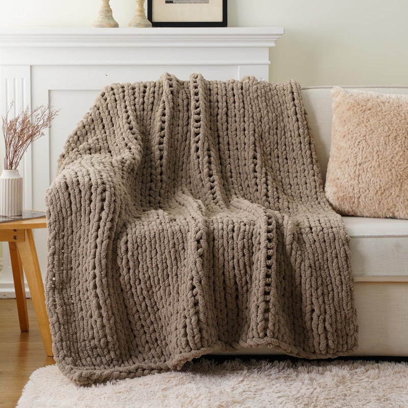 Battilo Beige Chunky Knit Throw Blanket, Soft and Thick Cream Chenille Throw Blanket, 50"x60" Handmade Cable Knit Crochet Blanket, Cozy Knot Knitted Throw Blankets for Couch Home Decor, Taupe - Image 2