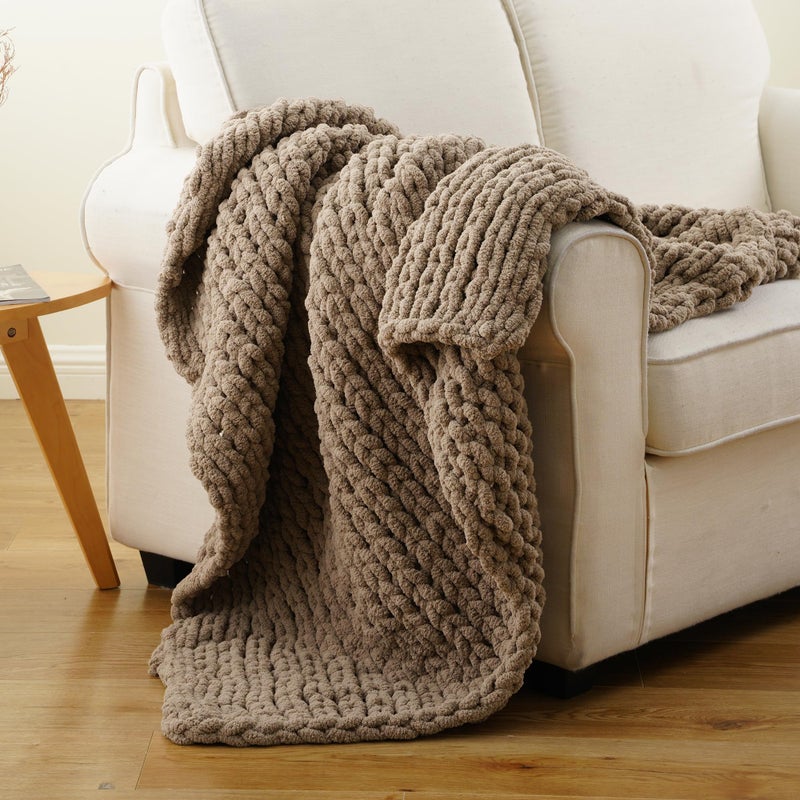 Battilo Beige Chunky Knit Throw Blanket, Soft and Thick Cream Chenille Throw Blanket, 50"x60" Handmade Cable Knit Crochet Blanket, Cozy Knot Knitted Throw Blankets for Couch Home Decor, Taupe - Image 1