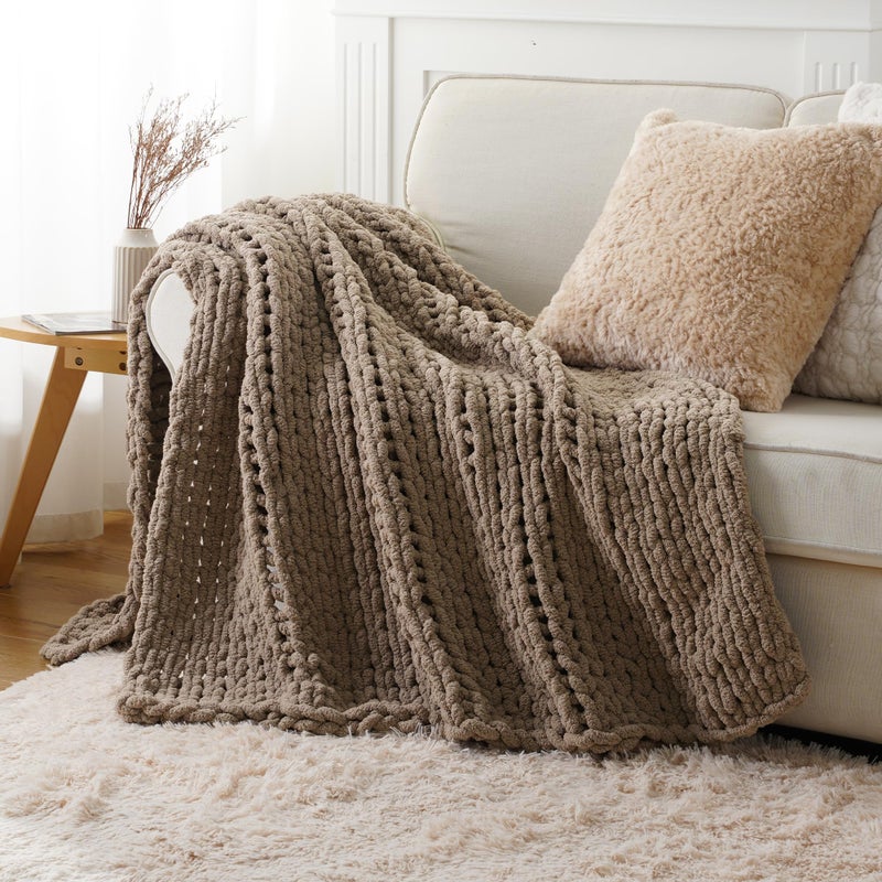 Battilo Beige Chunky Knit Throw Blanket, Soft and Thick Cream Chenille Throw Blanket, 50"x60" Handmade Cable Knit Crochet Blanket, Cozy Knot Knitted Throw Blankets for Couch Home Decor, Taupe - Image 3