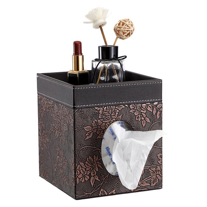 LEATHER SQUARE TISSUE BOX COVER DECORATIVE CUBE TISSUE BOX HOLDER WITH TRAY STYLISH FACIAL TISSUE HOLDER FOR BATHROOM VANITY DRESSER TABLE HOME OFFICE BAR BROWN FLOWER