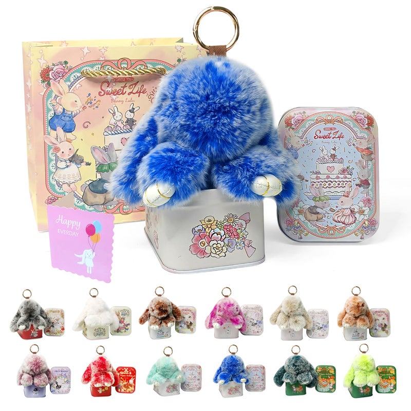 MINGRI Soft Bunny Keychain with Tin,Cute Valentines Gift Plush Keychain for Backpack,Bag Charm Gift Key Chain(Royal Blue) - Image 1