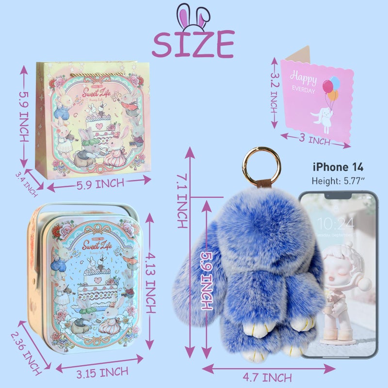 MINGRI Soft Bunny Keychain with Tin,Cute Valentines Gift Plush Keychain for Backpack,Bag Charm Gift Key Chain(Royal Blue) - Image 4