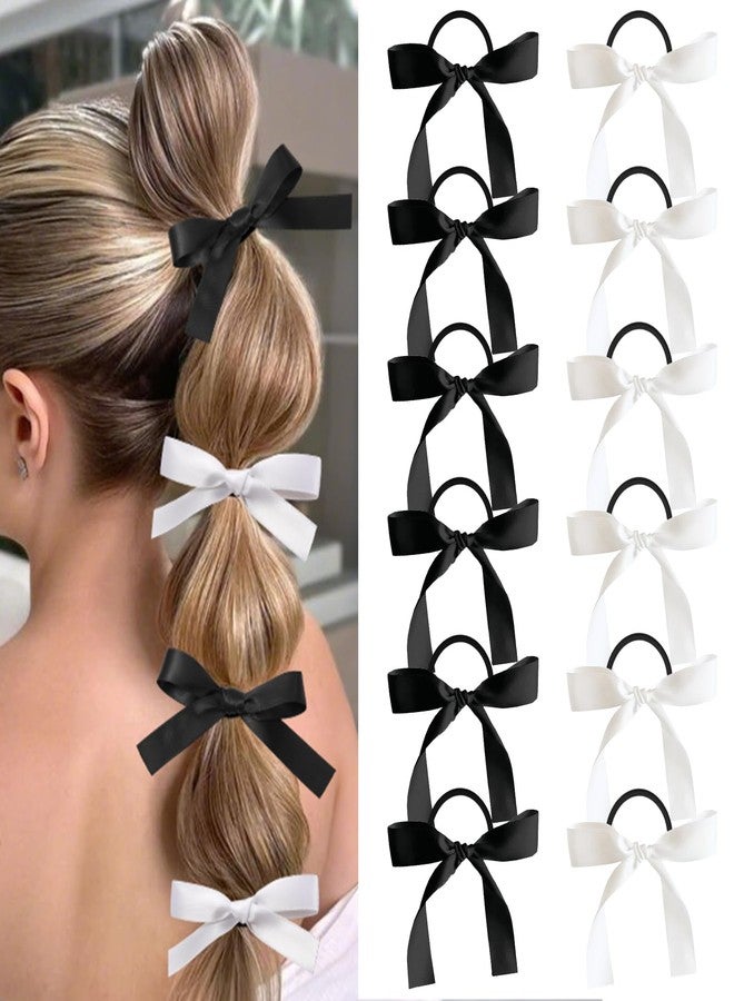Auseibeely 12PCS Silky Satin Hair Bows Ties for Girls, Bowknot Ribbon Ponytail Holders, Cute Bow Hair Accessories for Bubble Braids, Black & White No Damage Hair Bands, Elastics Hair Ties for Women Girls Teens - Image 1