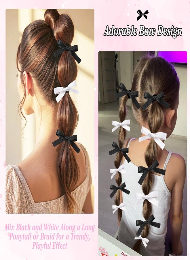 Auseibeely 12PCS Silky Satin Hair Bows Ties for Girls, Bowknot Ribbon Ponytail Holders, Cute Bow Hair Accessories for Bubble Braids, Black & White No Damage Hair Bands, Elastics Hair Ties for Women Girls Teens - Image 3