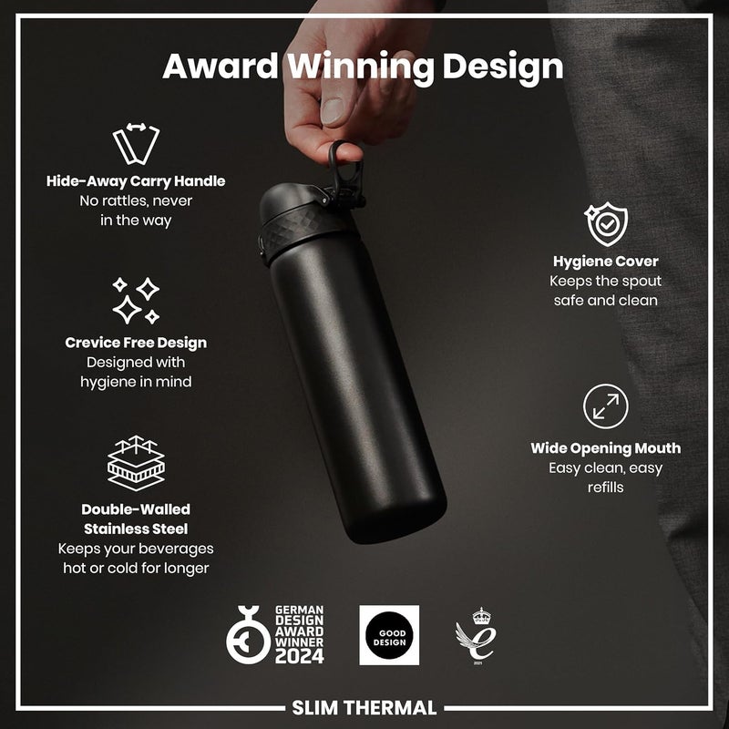 ion8 Insulated Steel Water Bottle, 320 ml/11 oz, Leak Proof, Easy to Open, Secure Lock, Dishwasher Safe, Carry Handle, Hygienic Flip Cover, Metal Water Bottle, Durable Stainless Steel, Black - Image 5