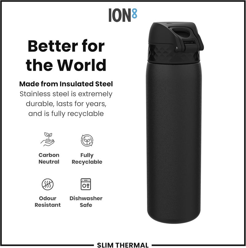 ion8 Insulated Steel Water Bottle, 320 ml/11 oz, Leak Proof, Easy to Open, Secure Lock, Dishwasher Safe, Carry Handle, Hygienic Flip Cover, Metal Water Bottle, Durable Stainless Steel, Black - Image 4