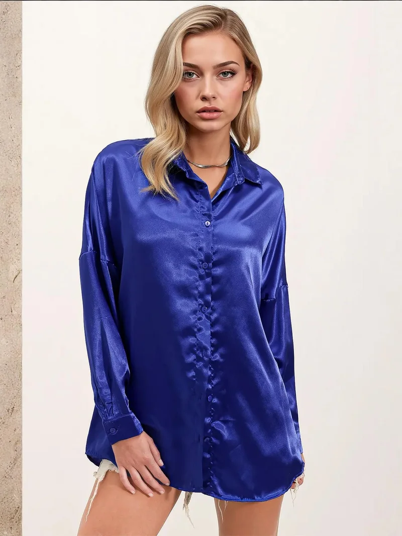 Big Dart Cobalt Blue Oversized Satin Button-Front Shirt for Women | Best Price UAE