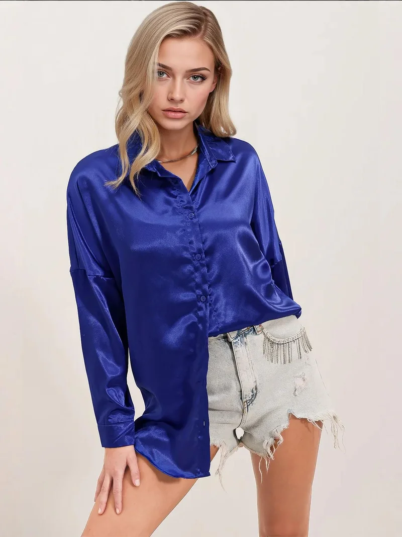 Big Dart Cobalt Blue Oversized Satin Button-Front Shirt for Women | Best Price UAE