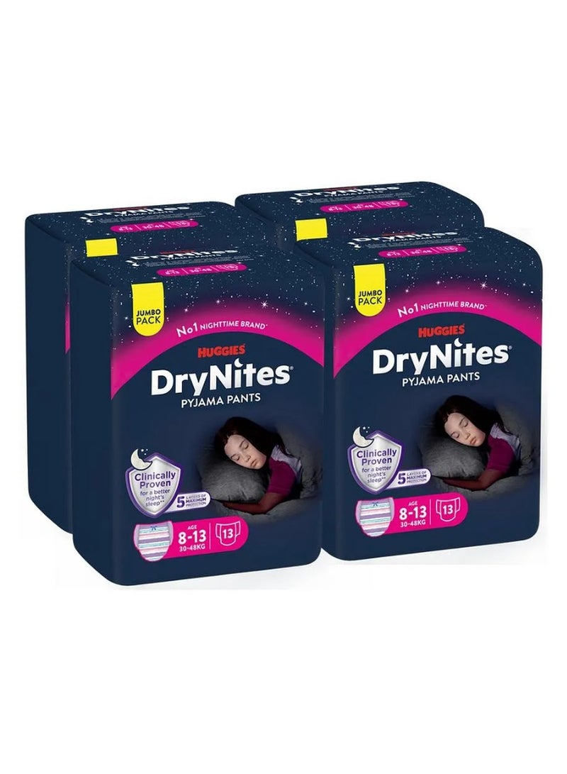 HUGGIES Huggies DryNites Pyjama Pants Teen, 52 Pieces Jumbo Pack, For Girls Age 8-13, 30-48kg - Night-Time Protection, Super Absorbent, 5 Layers, Leak Free