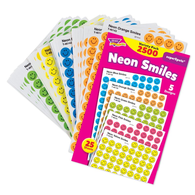 TREND ENTERPRISES Neon Smiles superSpots Stickers Great on Homework Incentives Crafts and as Collectibles 5 Different Designs 25 Sheets Included For Ages 3 and Up - Image 2