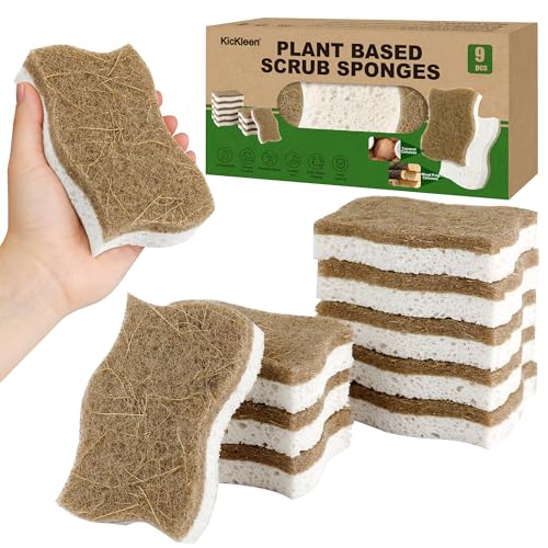 kickleen 9 Pack Kickleen Biodegradable Natural Kitchen Sponges - Compostable Cellulose and Coconut Walnut Scrubber Sponge - Eco Friendly Sustainable Sponges for Dishes (9 Pack) - Image 1