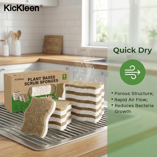 kickleen 9 Pack Kickleen Biodegradable Natural Kitchen Sponges - Compostable Cellulose and Coconut Walnut Scrubber Sponge - Eco Friendly Sustainable Sponges for Dishes (9 Pack) - Image 3